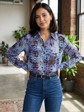 Cabi different shades blue/purple long-sleeved sheer blouse, elegant, Medium